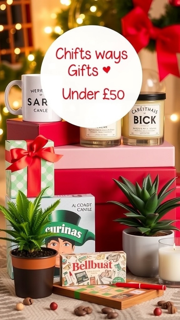 A collection of affordable Christmas gifts under £50, featuring a mug, candles, a board game, and a plant.